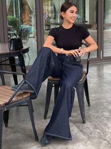 DAZY Quần Jeans Ống Rộng Màu Trơn Rộng Có Túi Cho Nữ - Màu xanh lam - Xem 6