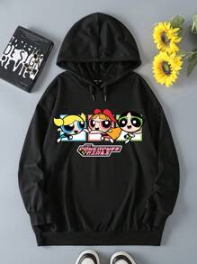 THE POWERPUFF GIRLS X SHEIN Plus Size Cartoon Print Drawstring Hooded Sweatshirt, Autumn