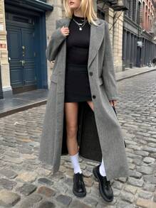 SHEIN Muchic 西裝領翻蓋細節前紐扣花呢外套 - 灰色 - 查看 1