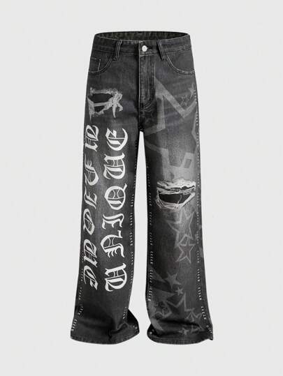 Street Life Men Gothic Letter & Star Print Distressed Loose Wide Leg Jeans, Street Fashion