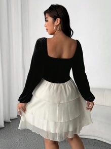 Flirla Plus Size Women Square Collar Lace & Velvet Colorblock Layered Hem Dress, Fashion Autumn/Winter - Black - View 2