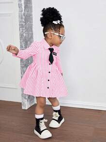 SHEIN 女婴梭织长袖条纹领合身休闲连衣裙（不含领带） - 玫紅色 - 查看 5