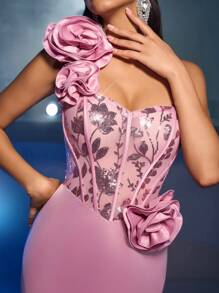 Glamrae 优雅奢华莲花粉色单肩 3D 花卉鱼骨闪亮亮片拼布缎面性感背部系带鱼尾连衣裙，适合婚礼、活动、派对、节日、正式场合、婚礼宾客礼服 - 藕粉色 - 查看 2