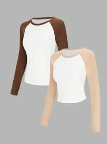 SHEIN BASICS 2 pièces T-shirts classiques slim fit pour femmes, col rond, manches raglan, couleur contrastée, tricot casual - Multicolore - Voir 4