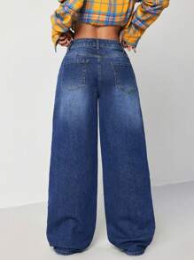 SHEIN EZwear 女士低腰休闲性感阔腿牛仔裤，蓝色 - 藍色 - 查看 2