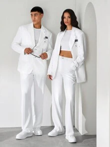 Manfinity INSISELF 2 Pieces Set Unisex Loose-Fit Padded Shoulder Blazer Jacket And Straight Leg Suit Pants, Suit Set - White - View 1