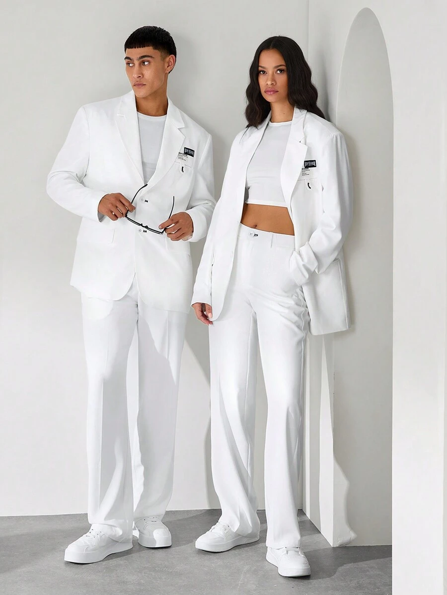 Manfinity INSISELF 2 Pieces Set Unisex Loose-Fit Padded Shoulder Blazer Jacket And Straight Leg Suit Pants, Suit Set - White - View 1
