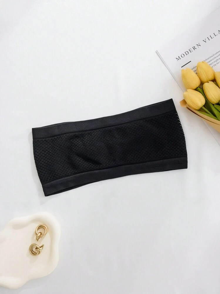 Bralette sin tirantes negro para mujer con tela de malla, casual, de estiramiento medio, top tubo - Negro - Ver 6