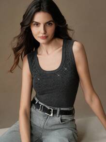 Anewsta Women's Chic Black Rhinestone Star Print Fitted Tank Top For Summer