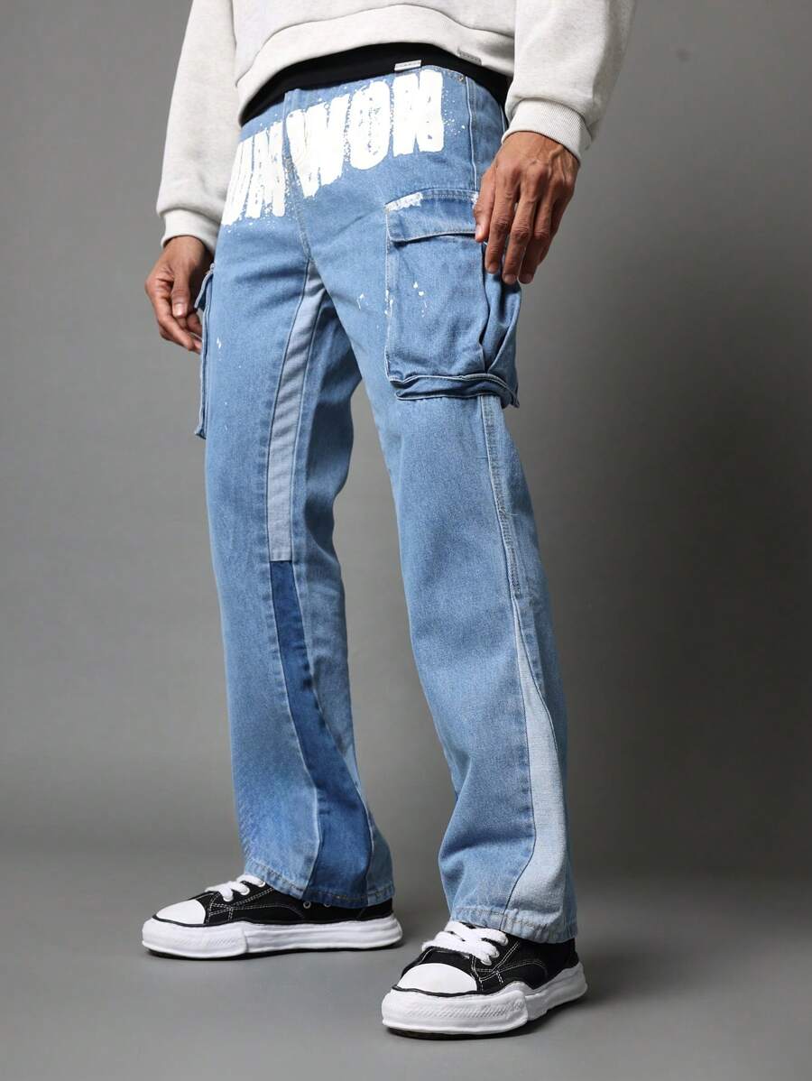 SUMWON Flare Fit Cargo Jean With Front Graphic - Multicolor - View 1