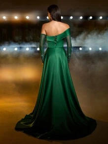 Glamrae Elegant Off Shoulder Mesh Sheer Long Sleeve Luxury Handmade Beaded Dress, Fishbone Waist See-Through High Slit Fish Tail Flowing Prom Dress With Train, Wedding Guest Dress