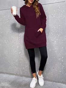 SHEIN LUNE 女式纯色落肩长袖口袋抽绳连帽运动衫，秋季