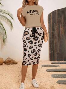 SHEIN LUNE 女士运动休闲豹纹短裤和上衣两件套夏季 - 卡其色 - 查看 5