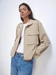 Maija Áo khoác nữ màu kaki khóa kéo và nút cài phía trước đầu xuân có túi xếp, áo dài tay giản dị và thời trang - Màu Khaki - Xem 1