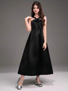 SHEIN 少女黑色手工立体花朵吊带修身露肩露背不对称舞会礼服，适合生日派对、万圣节礼服、化妆舞会、派对、节日庆典、婚礼花童、舞台表演、圣诞礼服、感恩节礼服 - 黑色 - 查看 3