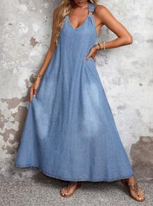 SHEIN LUNE Women's Backless Ring One-Piece Long Casual Vacation Loose Off-Shoulder Denim Dress