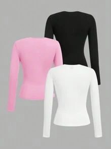 SHEIN PETITE Women's Three Pieces Round Neck Casual Tight-Fitting Solid Color Long-Sleeved T-Shirt Pullover Set Suitable For Spring, Autumn And Winter 3 Packs Topsmultipack Topspack Of Topsbasic Long Sleeve Topslong Sleeve Crop Tops - Multicolor - View 3