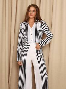 SHEIN Clasi Women Striped Long Sleeve Single Breasted Long Shirt And Wide Leg Pants Casual Loose Suit, Autumn