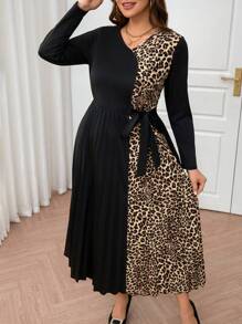 Modelyn Plus Size Leopard Print Tied Dress, Casual And Fashion Suitable For Daily Wear Long Evening Dresses