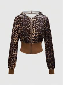 ROMWE J-Fashion 2pcs Y2K Gyaru Velvet Leopard Print Rhinestone Decor Sweatshirt & Pants Women Set, Autumn/Winter - Brown - View 5