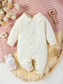 SHEIN Baby Girls Sweater , Long Sleeve Knitted Jumpsuit With Ruffles, Warm And Comfortable For Autumn Winter, Elegant Apricot Color, Stylish And Chic, Suitable For Daily Wear, Outings, And Travel - Apricot - View 3