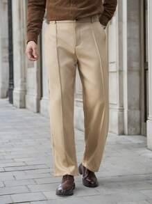 Manfinity VCAY Men's Loose Fit Straight Leg Woven Suit Pants, Suitable For Everyday Wear - Khaki - View 4