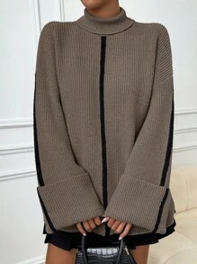 Uhlyne Women Drop Shoulder Contrast Color Folded Cuff High Neck Pullover Sweater, Autumn/Winter Knit Pullover Fall - Camel - View 3