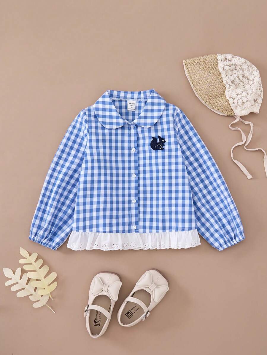 PrepCrw Young Girls Casual Blue Plaid Hem Ruffle Decor Loose Turndown Collar Button Down Shirt, Spring & Autumn - Blue - View 1
