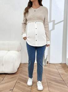 SHEIN توب حمل بتصميم أزرار ألوان متباينة وأكمام طويلة بياقة طاقم - لون مشمشي - مشاهدة 5