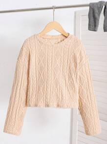 SHEIN Leap Crew Áo crop top tay dài vải họa tiết giản dị rộng rãi cho bé gái tuổi mới lớn có cổ tròn và vai trễ - Màu be - Xem 3