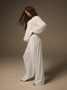 Athîral 2pcs Women White Color Pointelle Round Neck Long Sleeve Simple Top And Pants Set Pajamas Winter Summer Fall - White - View 6