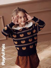 SHEIN 1 Pc Young Girl Sweater Ruffle Collar Splicing Fun Fruit Jacquard Cute/Vintage/Casual/Home/Outdoor Winter/Fall - Multicolor - View 7