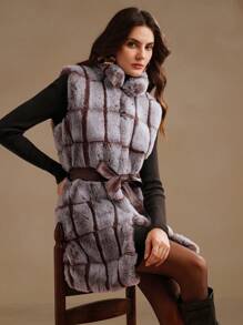 Anewsta 欧美风格蓬松时尚百搭女士仿兔毛短上衣，简约女士立体图案中长背心夹克 - 淺灰色 - 查看 5