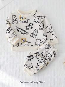 Cozy Pixies 2 Pcs/Set Toddler Boy Cartoon Animal Print Soft Knitted Drop Shoulder Crew Neck Sweatshirt And Drawstring Pants Set