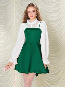 SHEIN MOD Đầm không tay thắt nơ lưng trơn màu thanh lịch cho nữ - Màu xanh lá cây đậm - Xem 3