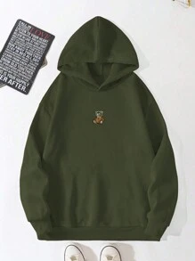Manfinity Homme 宽松男士卡通图案长袖连帽衫，绿色连帽衫，深绿色连帽衫，男士连帽衫 - 軍綠色 - 查看 3