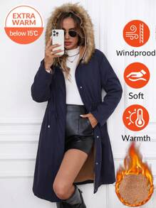 SHEIN LUNE Nouveau manteau rembourré mi-long épaissi avec capuche, col moelleux, cordon de serrage à la taille, doublure chaude, vêtements d'hiver pour femmes 2024