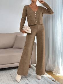 2pcs Women Casual Button Front Long Sleeve Top And Long Pants Set