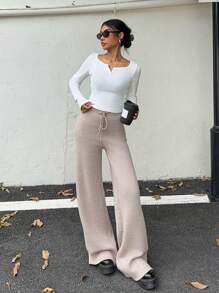 SHEIN Essnce Women's Solid Color Waist Tie Loose Fit Thermal Lined Sweater Pants, Casual, Autumn/Winter