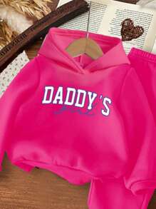 SHEIN ModeFlare Wear Baby Girl Knitted Soft Hooded Casual Minimalist Loose Long Sleeve Sweatshirt & Pants Set, Suitable For Autumn/Winter - Hot Pink - View 3