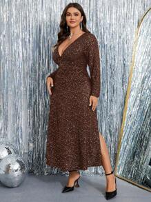 SHEIN Clasi 加大码女式深 V 领长袖侧开衩下摆闪亮亮片缀饰连衣裙长款女装 - 咖啡棕 - 查看 6