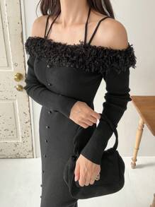 FRIFUL Women Autumn/Winter Solid Color Fluffy Splice Long Sleeve Form-Fitting Elegant Knitted Dress Women Sweater Dresses - Black - View 2