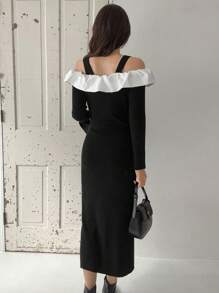 FRIFUL Women Contrast Color Block Button-Front Long Sleeve Casual Sweater Dress,Ruffle - Black - View 5