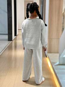 Tween 女童运动休闲街头时尚纯色圆领宽松连帽衫和运动衫套装 - 灰色 - 查看 2