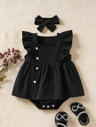 Souflis Souflis Baby Girls' Yellow Lace Ruffle Bodysuit With Headband, Spring/Summer Casual And Cute Bodysuit