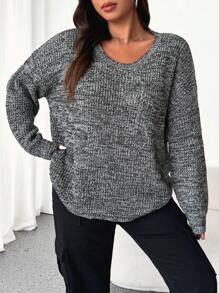 Flirla Women Plus Fashionable Floral Pattern Pocket Patched Round Neck Long Sleeve Sweater, Suitable For Autumn And Winter Knit Pullover Fall - Black and White - View 3