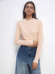 Maija 女款秋冬荷叶边粉色圣诞温暖蓬松质感立领长袖T恤 - 粉色 - 查看 1