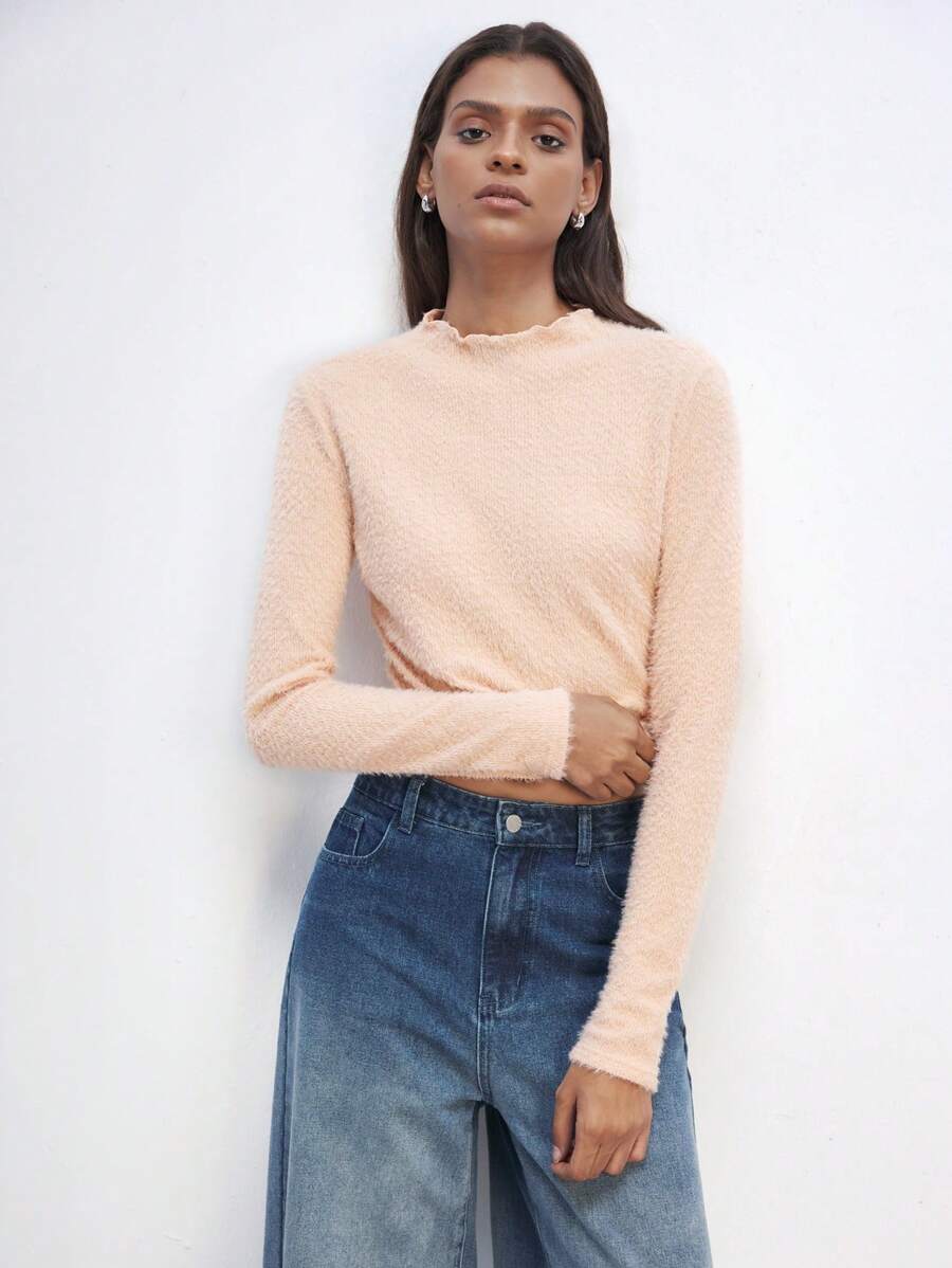 Maija 女款秋冬荷叶边粉色圣诞温暖蓬松质感立领长袖T恤 - 粉色 - 查看 1