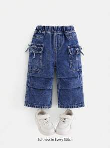 Cozy Pixies Baby Girl Street Style Washed Multi-Pocket Elastic Waist Wide Leg Cargo Denim Pants With Bowknot And Pleated, Year-Round Fashion Essential - Medium Wash - View 1