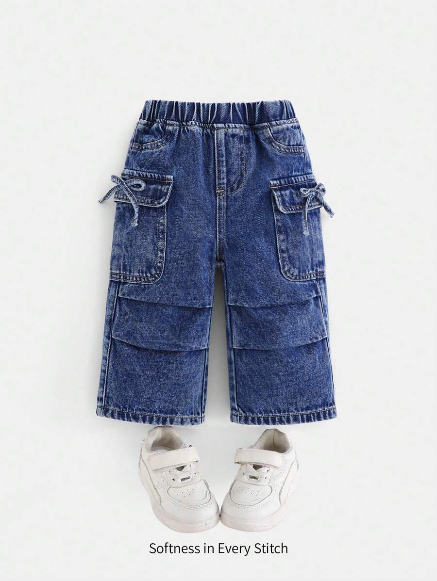 Cozy Pixies Baby Girl Street Style Washed Multi-Pocket Elastic Waist Wide Leg Cargo Denim Pants With Bowknot And Pleated, Year-Round Fashion Essential - Medium Wash - View 1